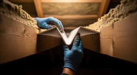 Detail shot of fingers pressing a baffle into place between rafters reinforcing proper airflow channels for energyefficient attic insulation.