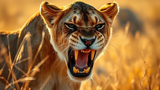  A fierce lioness snarling in golden savanna sunlight,