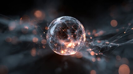 Glowing network sphere with connections and orange lights