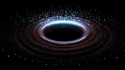 Vibrant digital swirl of red and blue lights on black background