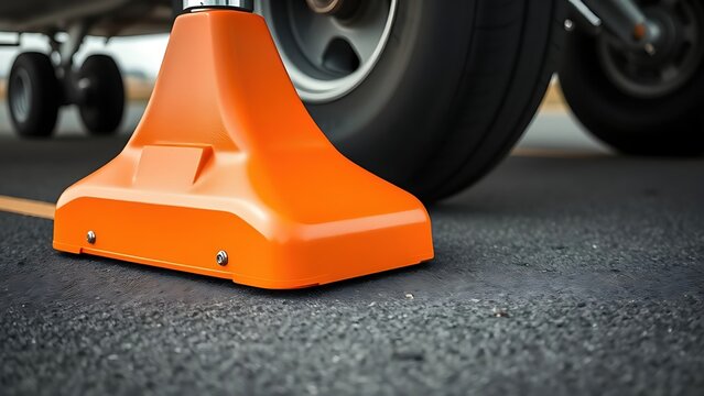 An orange wheel block against a large aircraft tire on tarmac. 