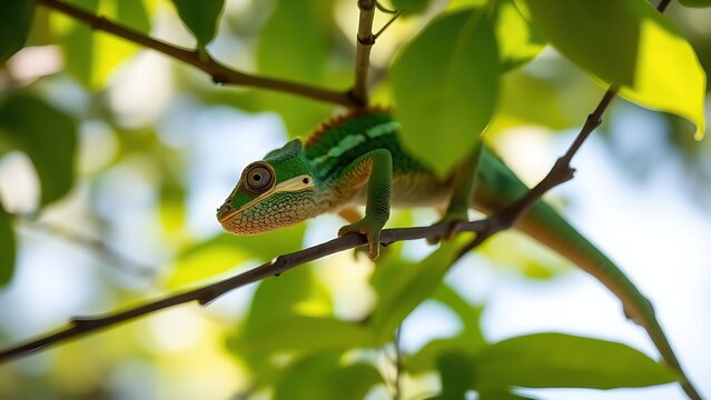 Chameleon on a tree branch mid-color change, blending with green leaves.