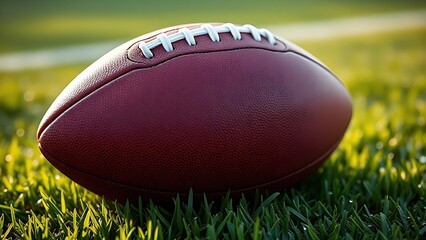 Obraz premium American football on green turf field with morning dew and soft natural light. 