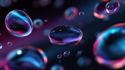 Vibrant translucent bubbles floating in dark space with neon light