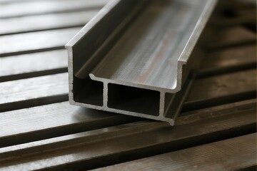 Close-up of aluminum extrusion profile on wooden surface