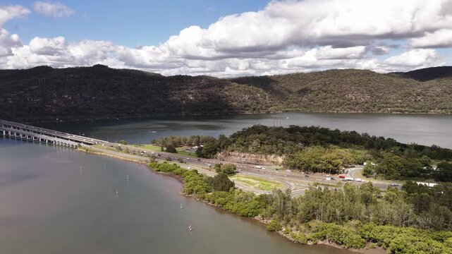 Highway bridge to Mooney Mooney fishing village on Hawkesbury river in Broken Bay.