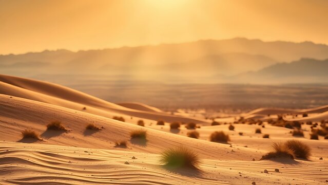 Desert landscape with heat waves distorting the view of distant mountains. 