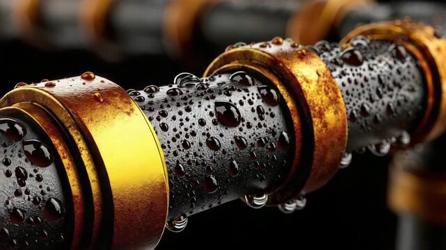 Water dripping from rusty metal pipe in dark background with condensation visible