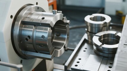 Close-up of a precision metalworking lathe with clamped workpiece and machined parts on the tool table