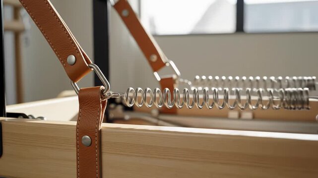 Pilates Reformer Detail: Springs, Straps, and Wood Frame. Modern fitness equipment for strength and flexibility