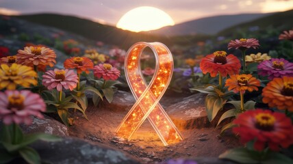 Orange ribbon surrounded by vibrant flowers under bright sun