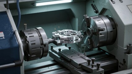 Industrial machining process with precision metal component being worked on by CNC lathe machine