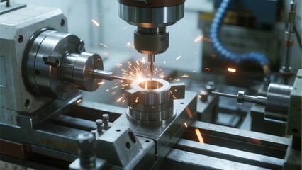 Industrial machining process with sparks flying during metal drilling operation