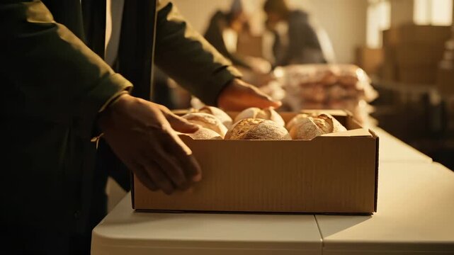 Volunteer carries bread box at food donation center. Person holds bread for charity distribution. Volunteer with bread box helps community. Food bank workers sort bread donations in center.