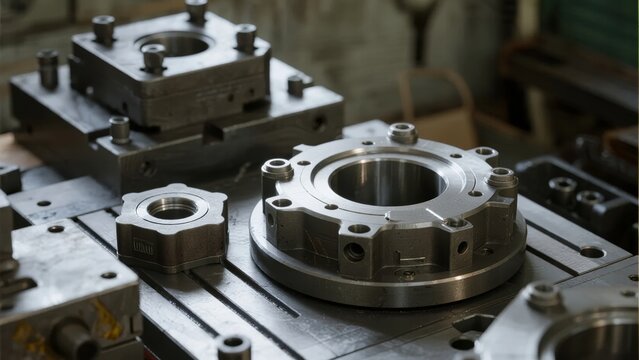 Close-up of precision metal components on a machine tool in an industrial workshop - Powered by Adobe