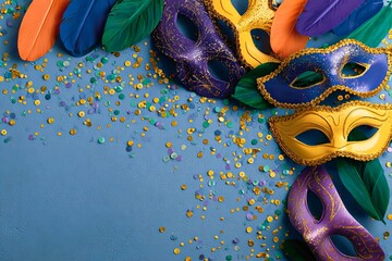 Carnival masks and feathers leaving a space on a blue surface