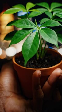Person Holding Small Potted Schefflera Plant in Hand, Indoor