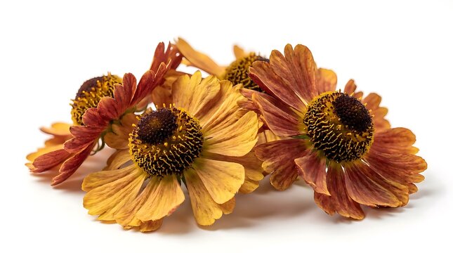 Rustic helenium flower heads in warm autumn tones isolated on white background