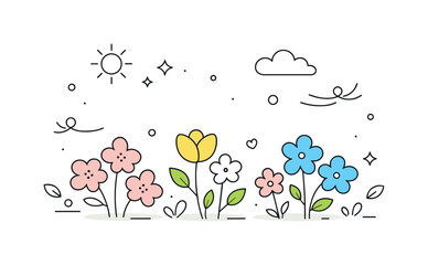 Spring Blossoms Simplicity. Spring blossoms scene. Simplified flowers in bloom with rounded shapes and light stems, fresh airy mood with abstract decorative