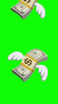Money Notes flying up with wings on green screen background.