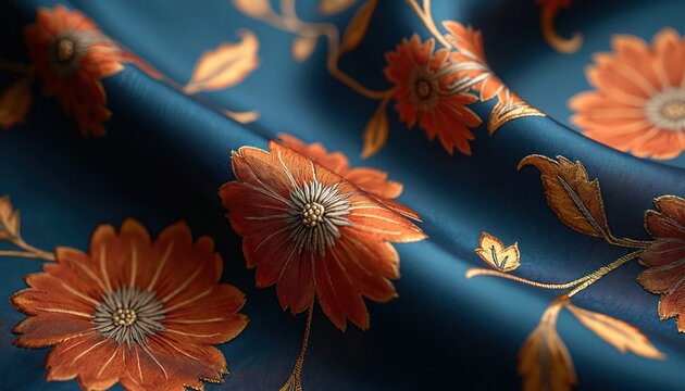 Close up of luxurious teal blue satin fabric with embossed orange floral patterns and gold accents. The textile shows intricate detail and rich texture, suggesting high quality material.