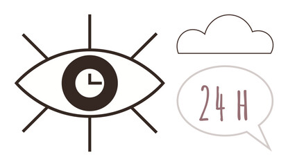 Eye with a clock in the center, 24-hour speech bubble, and a cloud icon. Ideal for surveillance, security, time management, digital monitoring, cloud services, customer support simple flat metaphor