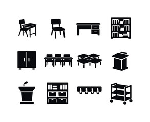 Fototapeta premium Classroom Furniture Icons. Classroom Furniture. Solid icon set of Classroom Furniture: student desk, school chair, teacher table, bookshelf classroom, storage
