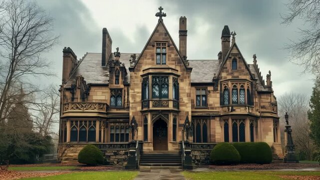 Gothic-style gothic revival mansion with intricate stonework and pointed arches.