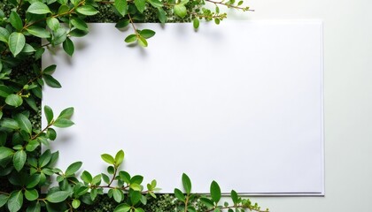 Naklejka premium White paper with green natural leaves border. Minimalistic plant frame for beauty product promotion. Natural background for presentation or advertising.