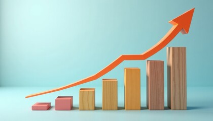 Bar chart with an orange arrow trending upward on a blue background. Business growth and financial success concept for investment and progress.