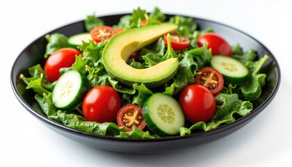 Fresh green vegetable salad with avocado, tomato, and cucumber in a dark bowl on a white background. Healthy diet and nutrition concept.