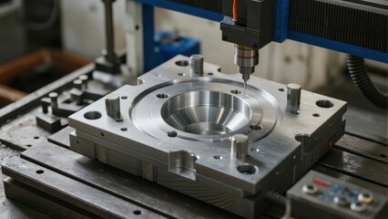 CNC machine drilling a precision metal mold in an industrial workshop