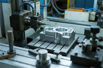 CNC machining process in industrial workshop with metal workpiece being precision drilled