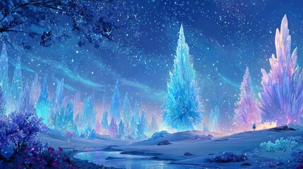 A luminous, fantastical landscape with towering crystal structures bathed in starlight under a swirling, ethereal night sky. A lone figure stands