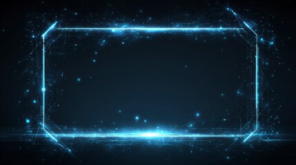A luminous, polygonal frame glows against a dark blue background. Tiny particles and connecting lines create a network effect