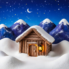 Wooden hut in snowy mountains in the early evening with a lantern on the door and stars in the sky