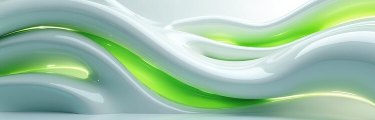 Abstract waves of white, bright green gradient flow smoothly, creating modern, fluid background. Smooth shiny surfaces reflect light, suggesting clean design, innovation. Gentle curves imply motion,
