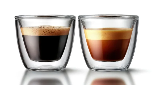 Ristretto and Espresso in Glass Cups Side by Side on White