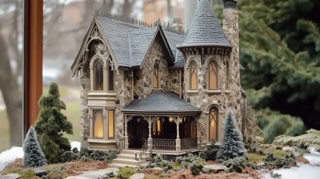 Miniature stone gothic revival castle with turrets and gothic architecture, surrounded by trees.