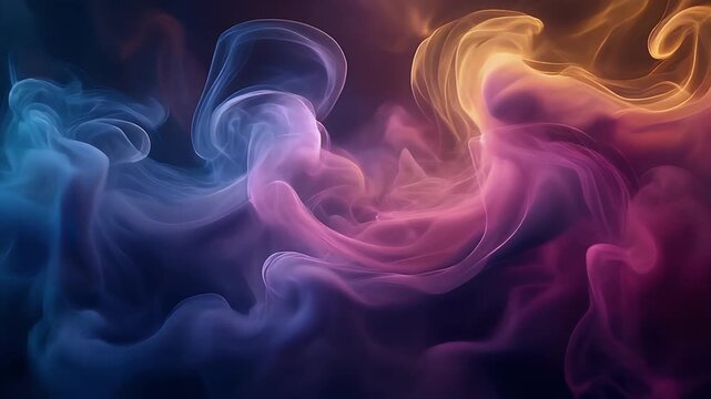 Hypnotic slow drift through evolving indigo and magenta smoke and haze with golden highlights and glowing backlights