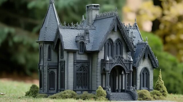Gothic-style miniature mansion with intricate details, set outdoors.