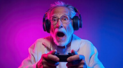 Game On: A senior citizen is immersed in the world of video games, clutching a game controller and sporting headphones, illuminated by vibrant blue and purple hues.