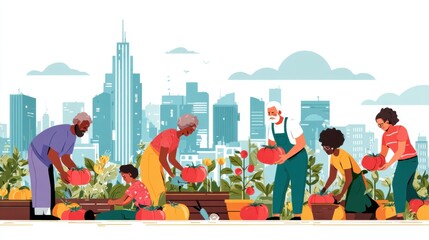 Urban Harvest: A vibrant scene unfolds as individuals from diverse backgrounds collaborate to cultivate a rooftop garden.