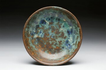 Antique copper bowl with patina and blue-green oxidation