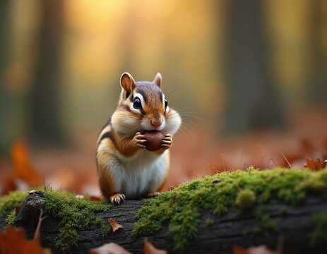 Cute chipmunk sits on mossy log holding nut in paws. Animal stores food for winter season in woodland forest. Small rodent with striped fur eats acorn in autumn nature. - Powered by Adobe