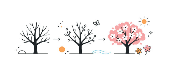 Bare to Bloom. Bare to bloom abstraction. An abstract editorial composition using tree silhouettes, branches, and blossom shapes to show transformation and