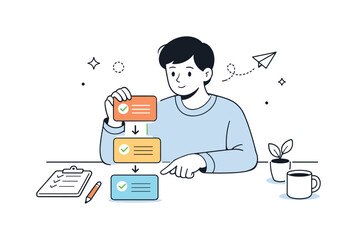 Task Organization Illustration. Task planning and prioritization. A person arranging task cards by importance. Focused decision-making and clarity, checkmarks