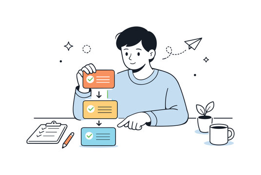 Task Organization Illustration. Task planning and prioritization. A person arranging task cards by importance. Focused decision-making and clarity, checkmarks