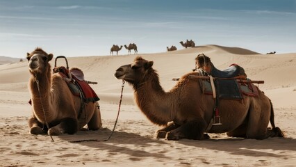 Camels resting in the desert with saddles, surrounded by sand dunes under a clear sky