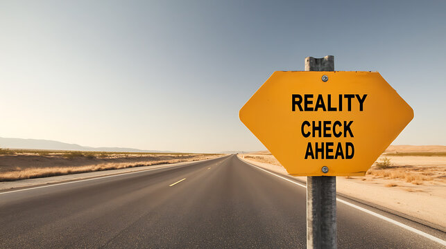 Desert road with a yellow sign reading 'Reality Check Ahead'.  A metaphor for navigating the unexpected challenges and hard truths on your journey. Keep it real out there!